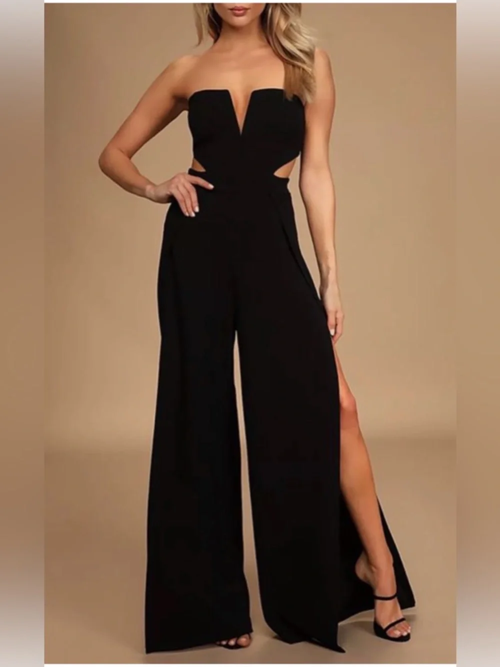 Wedding guest Strapless black jumpsuit wide leg size L flowy split *2 for 20*